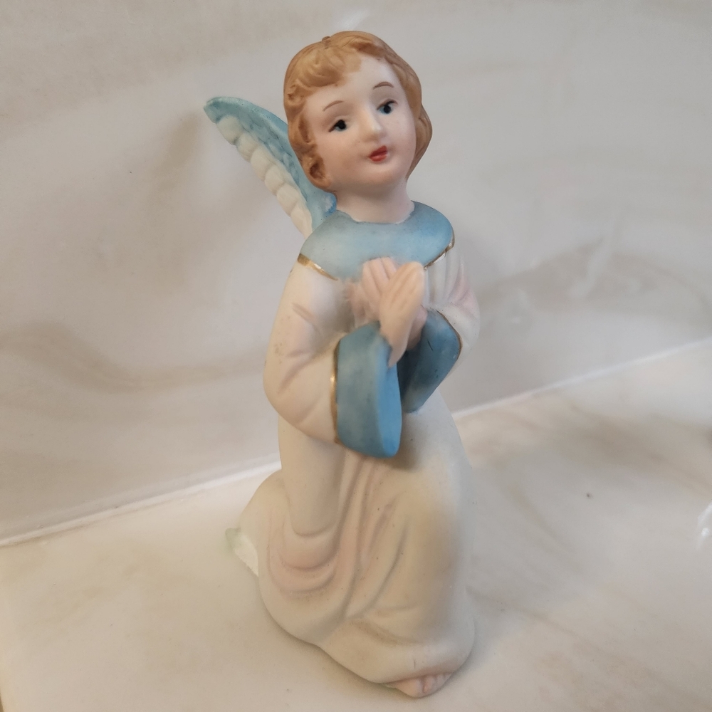 Vintage Ceramic Angel with Blue and Gold Touches Kneeling Praying 4.25"